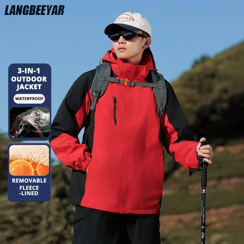 

High End Thick 3-in-1 Interchange Jacket Fleece-lined Outdoor Coats Men Windproof Breathable Heavy Hooded Windbreaker Outerwear
