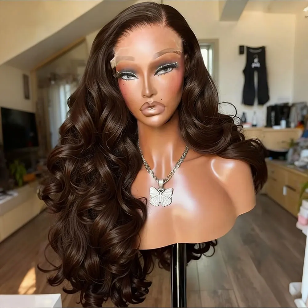 

Парик из натуральных волос, цвет шоколадно-коричневый, плотность 250, с HD-кружевом 13x4, волнистый, для женщин