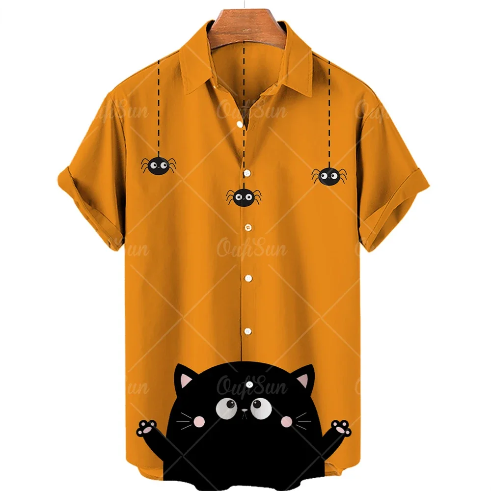 

Wholesale Men Fashion Casual Party Holiday Kitten 3D Pattern Short Sleeve Lapel Plus Size Shirt