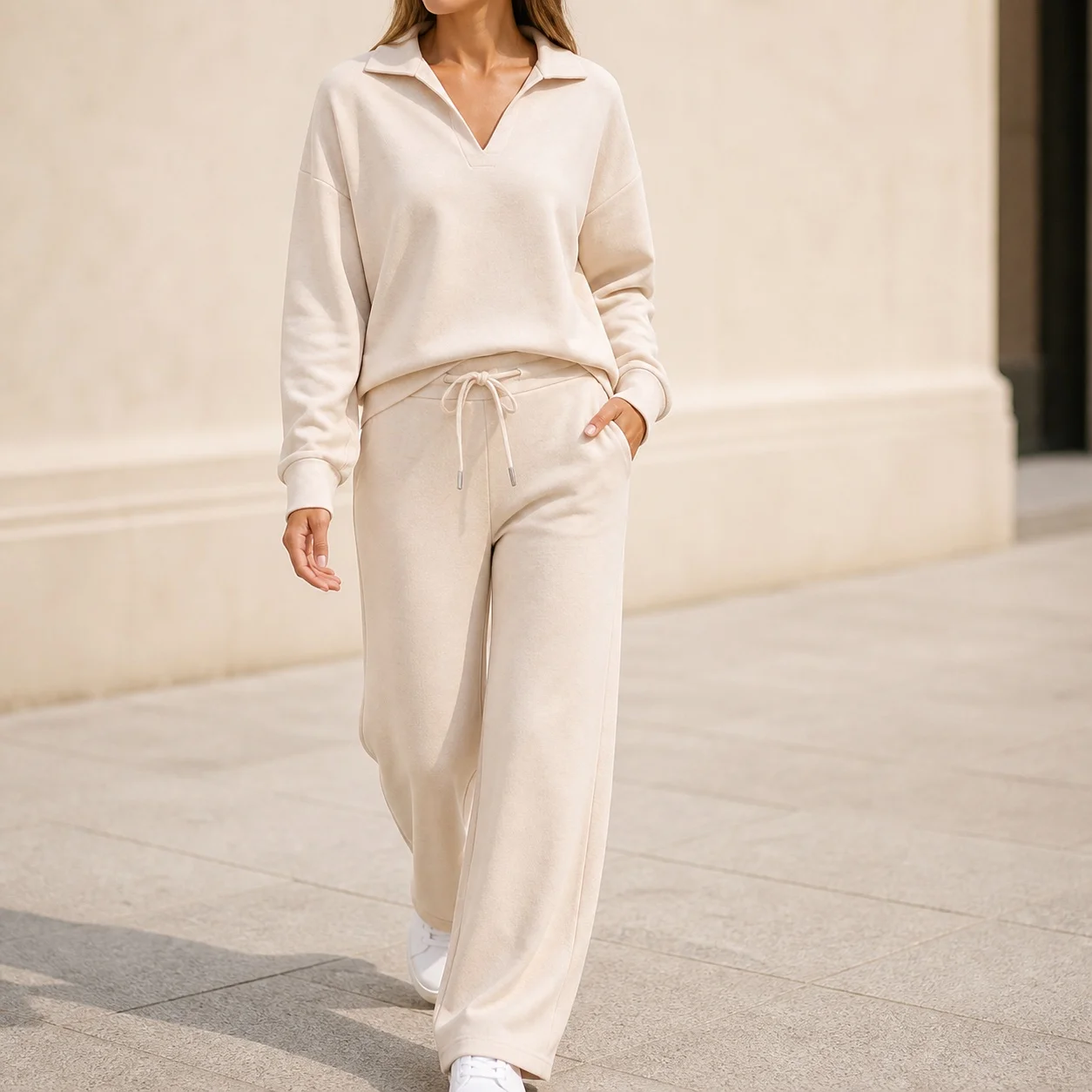 Women's Matching Sets Solid Color Drawstring Pants with Pockets Wrinkle Resistant 2-Piece Elegant Women’s Outfits Tracksuit