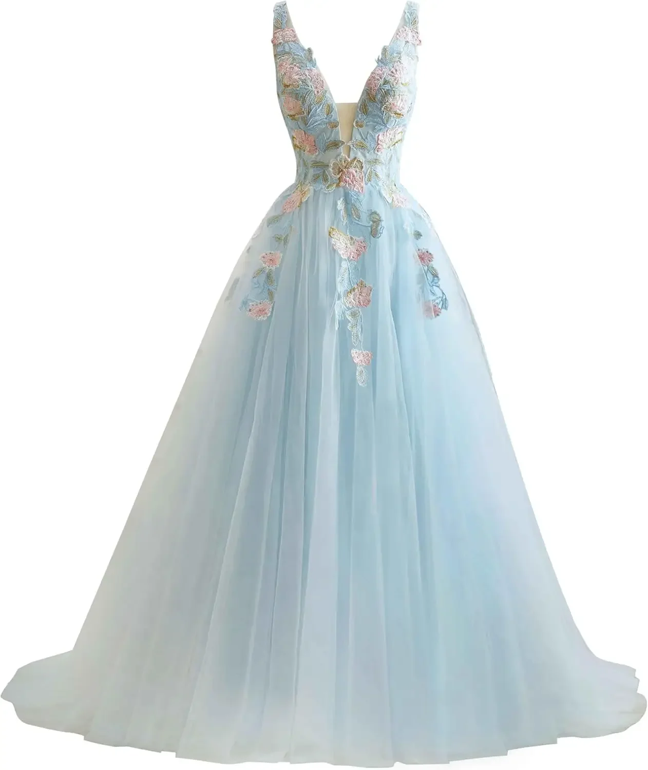 

Custom Made V Neck Tulle Prom Dress Floral Embroidery Applique Ball Gown Quinceanera Party Luxury Dress 2025