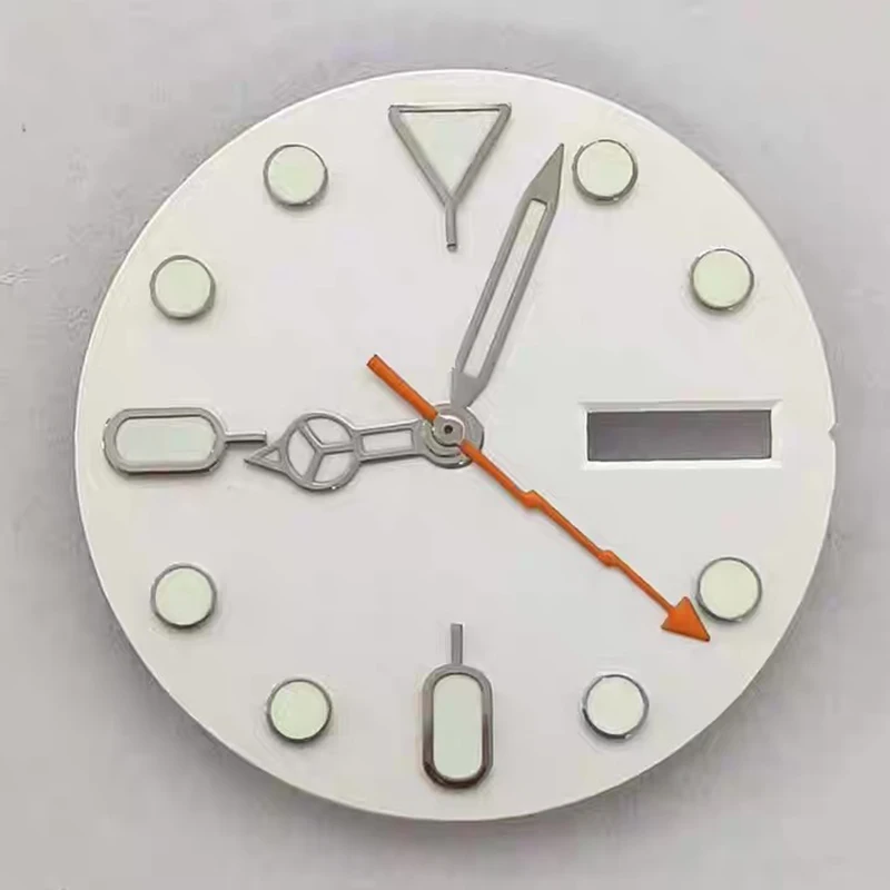 28,5 мм зеленый светящийся двойной календарь, белый матовый циферблат для часов + Benz Lightning Hands, аксессуары для часов, подходят для механического механизма NH36