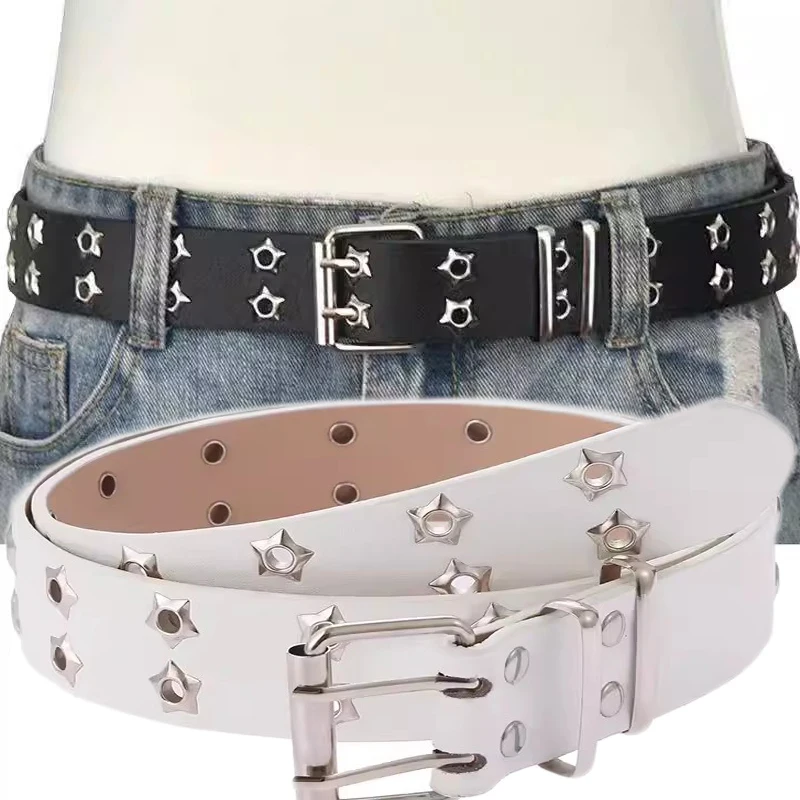 

Y2k Women Star Rivet Belt Double Row Hole Belt Punk Waist Strap Hollow Out PU Leather Jeans Decorative Fashion Waistband Belts