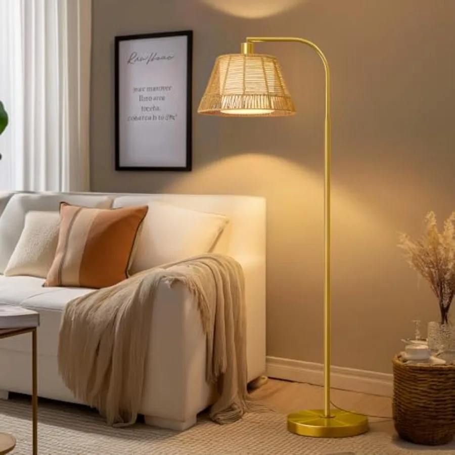 

Arc Floor Lamp for Living Room, Rattan Boho Floor Lamp with Hand-Woven Wicker and Fabric Shade, Feet Switch, Metal Base and Pol