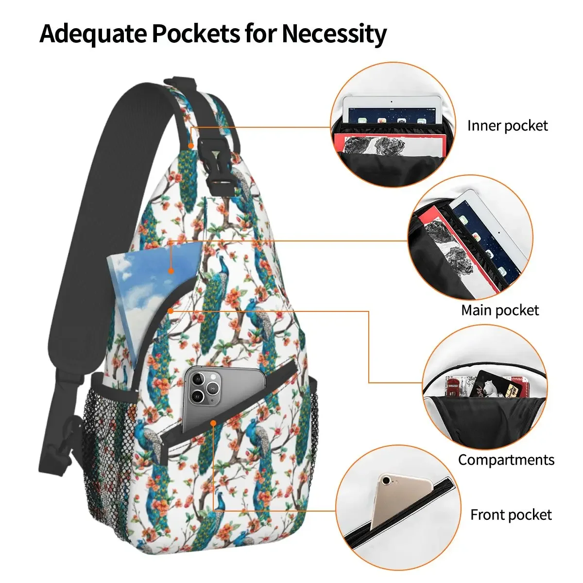 Watercolor Flowers Peacock Crossbody Sling Bags Small Chest Bag Tropical Shoulder Backpack Daypack Travel Hiking Cycling Bookbag