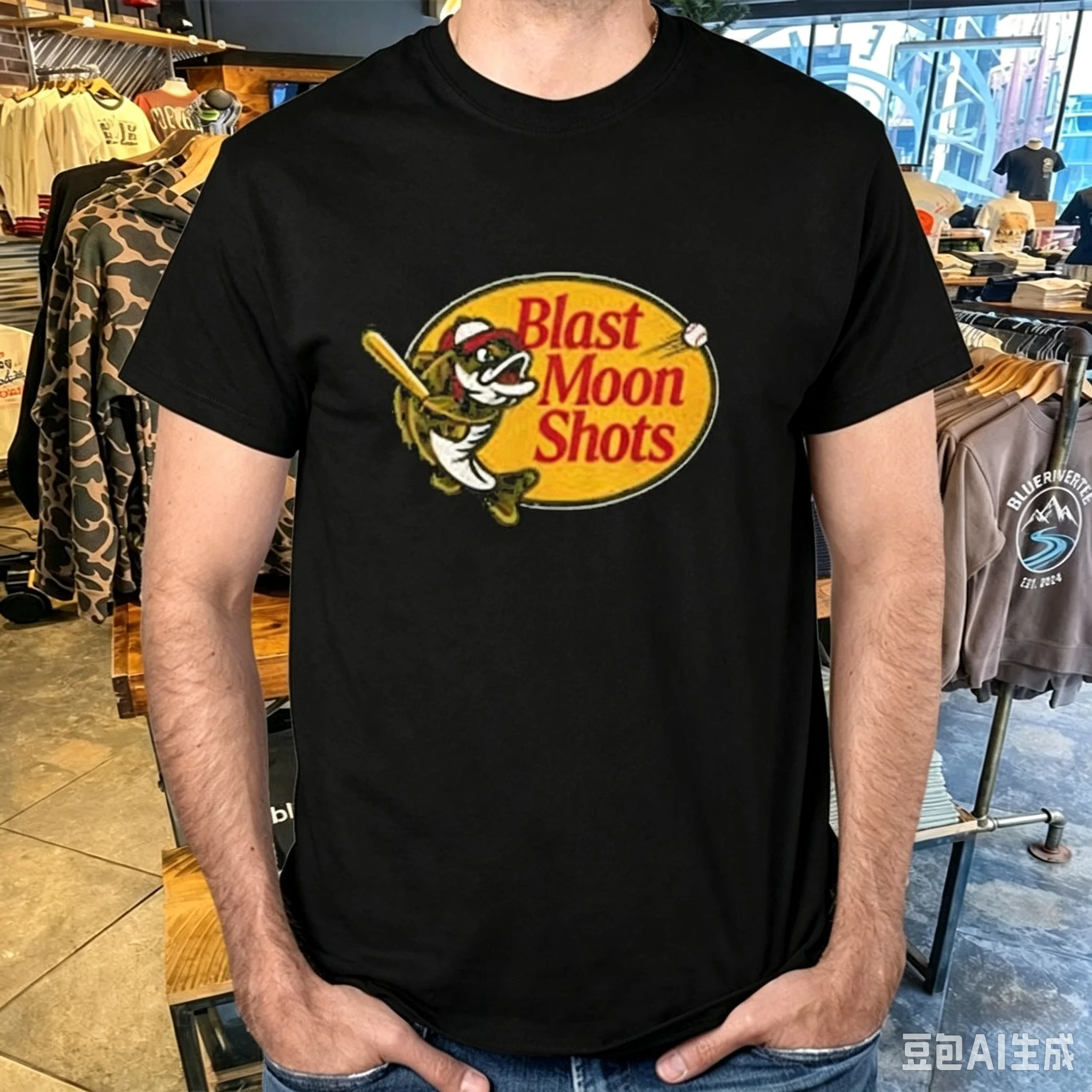 2026 Blast Moon Shots Fun Bass Fish Baseball Pattern T-shirt Men's Retro Cotton Casual Street Fishing