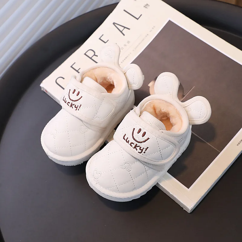 Kids'Casual Shoes Solid Color Smiling Face PU Leather Fashion Winter Shoes For Children Warm Anti-slip White Khaki Size 17-28