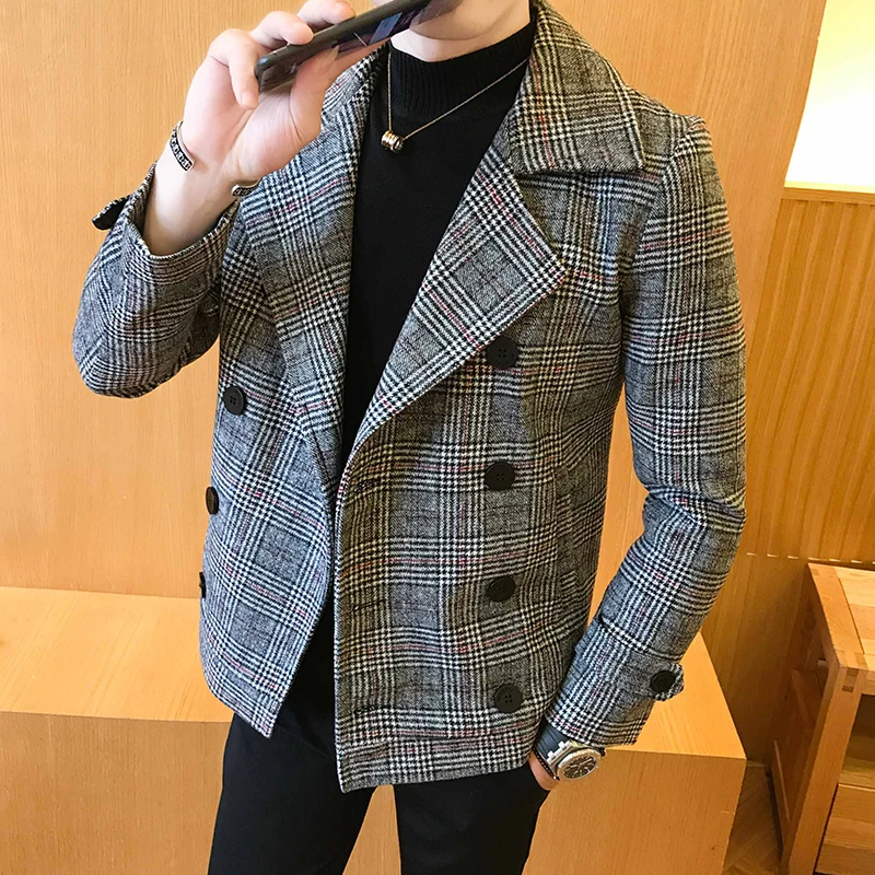 

Nice Autumn Winter Pop Double-Breasted Windbreaker Slim Short Men Woolen Coat Fashion Retro Plaid Thick Casual Windbreaker Coat