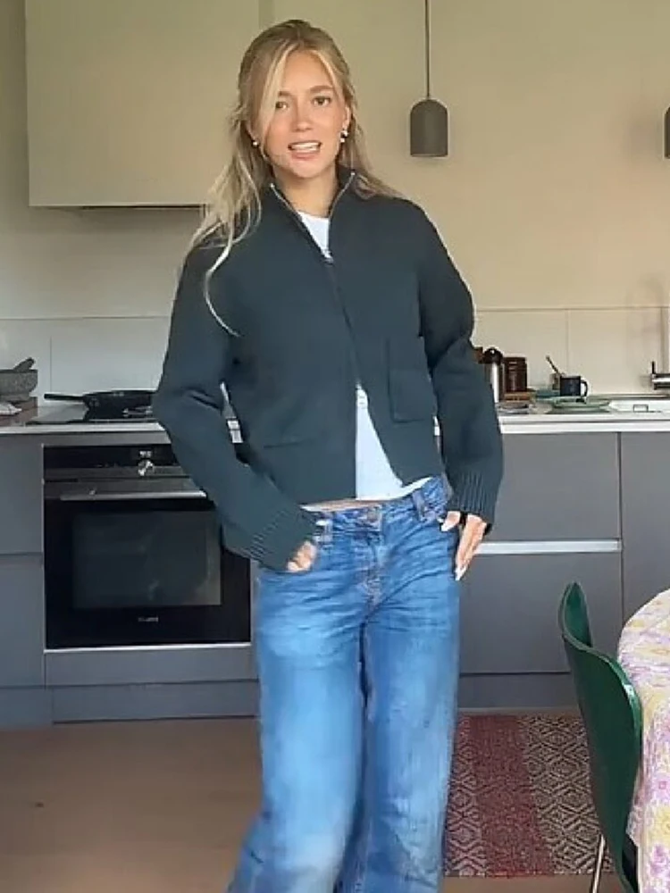 Einfacher Strick-Cardigan mit Stehkragen für Damen, Doppelreißverschluss, Taschen, gerippte Manschetten, schmale Jacke, lässiger Alltags-Streetwear-Pullover für Herbst und Winter. – Detail 5