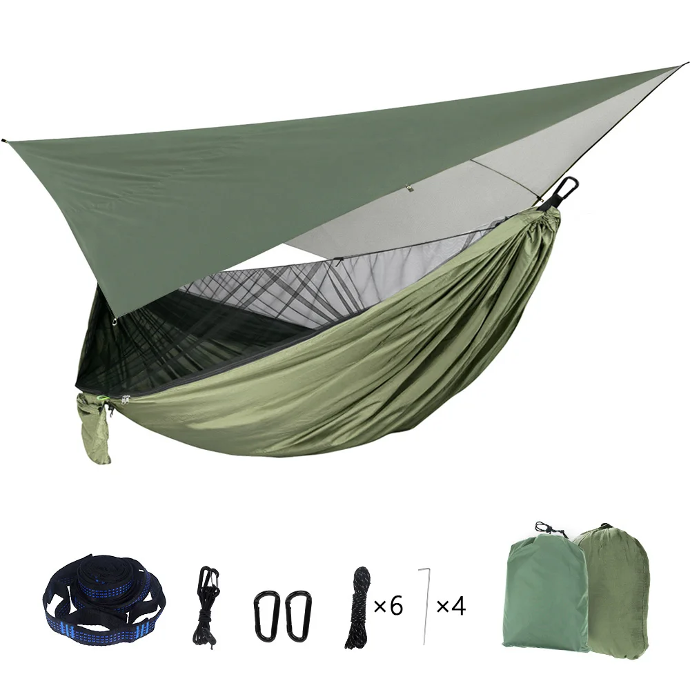 Portable Mosquito Net Nylon Camping Hammock with Waterproof Rain Fly Canopy Tarp  for Outdoor Hanging Bed Sleeping