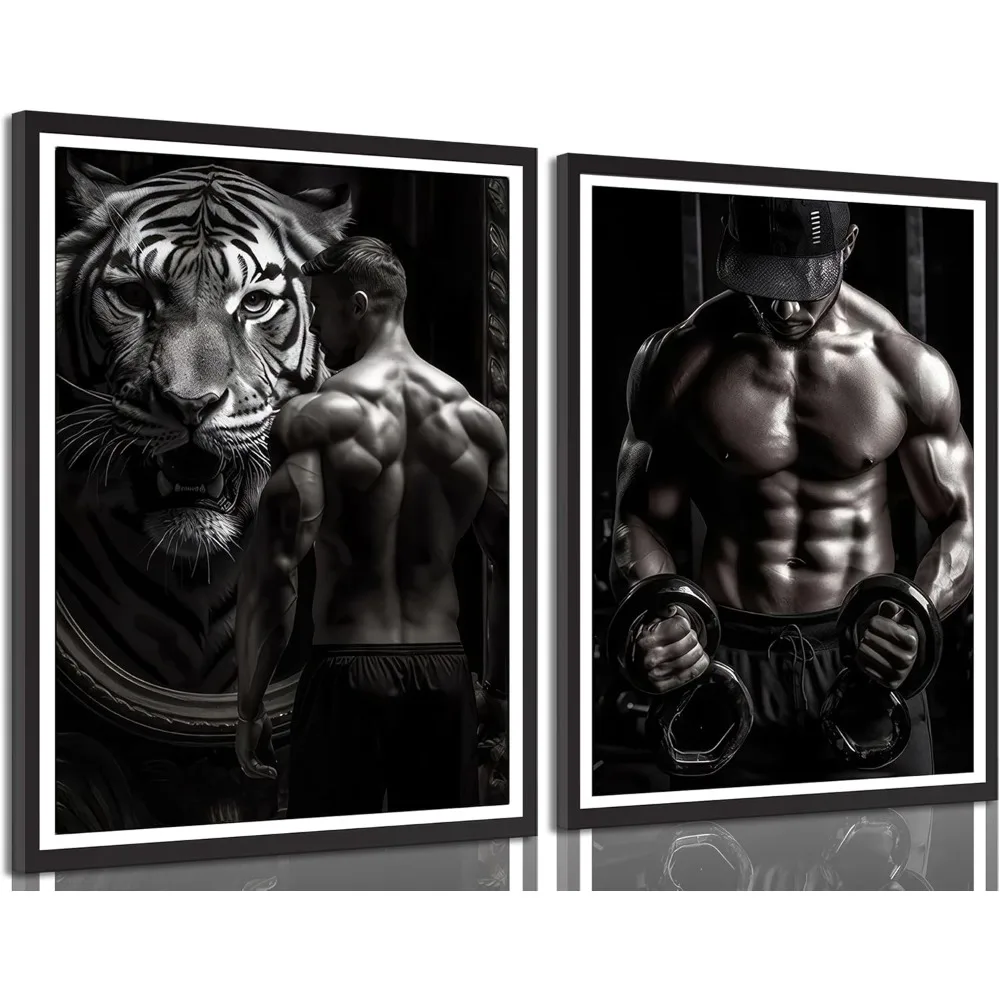 

2Pcs Black and White Gym Workouts Wall Art Motivational Man Cave Tiger Home Gym Painting Picture Wall Decor Muscle Bodybuilding