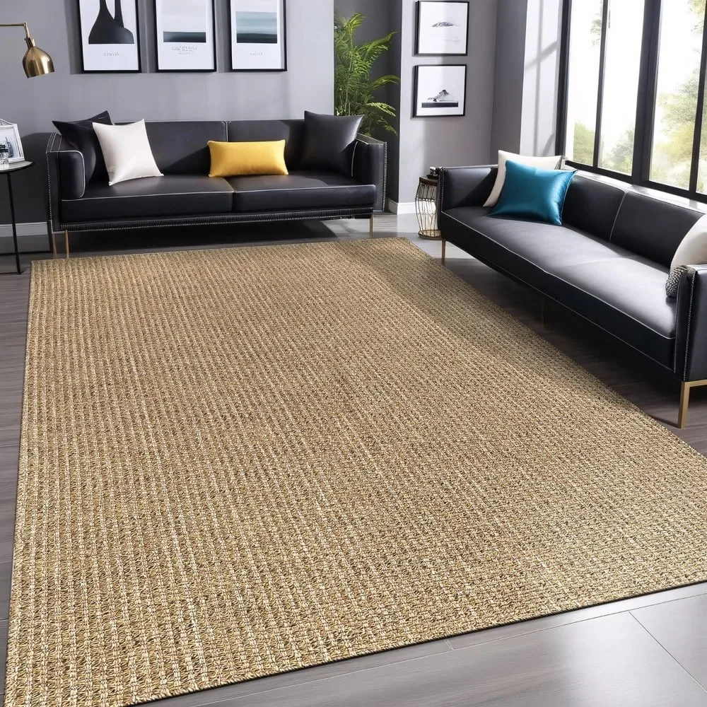 Jute Rugs 6x9 Natural Color Living Room Indoor Outdoor Area Rug, High Traffic Washable Solid Boho Woven Design Outside Carpet