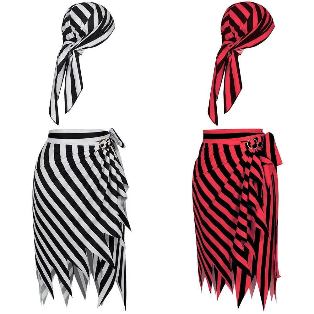 2025 Halloween Pirate Cosplay Women Costume Black Red Stripe Irregular Lace-Up Skirt With Scarf Medieval Vintage Theme Clothing