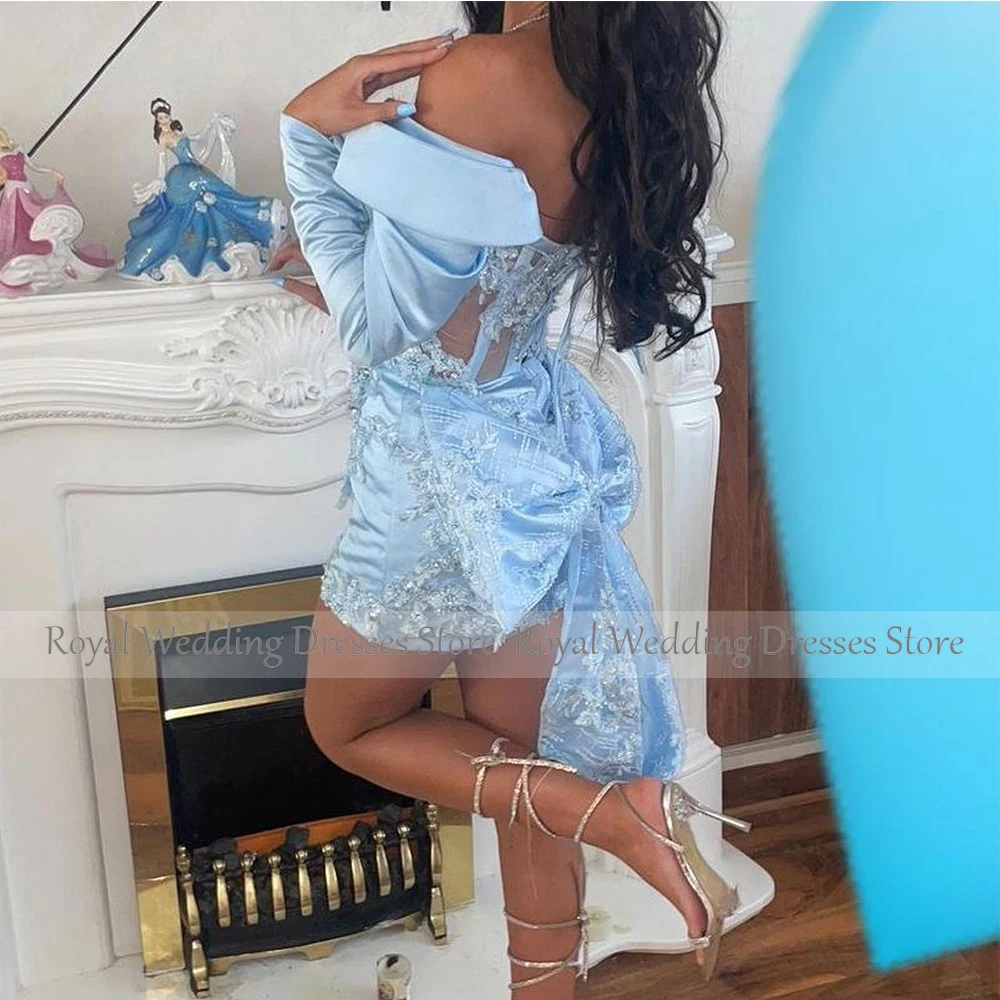 Sexy Sky Blue Satin Cocktail Dress For Wedding Sheath Long Sleeve Cocktail Gown Appliques Beading Formal Party Gown image 2
