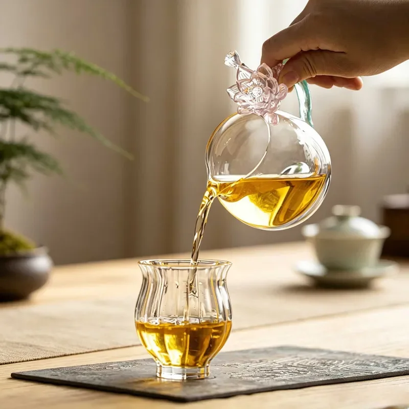 Heat Resistant Crystal Glass Tea Cup with Glazed Lotus Handle Kung Fu Tea Set Zen Style Teaware for Men Gift Box Packaging