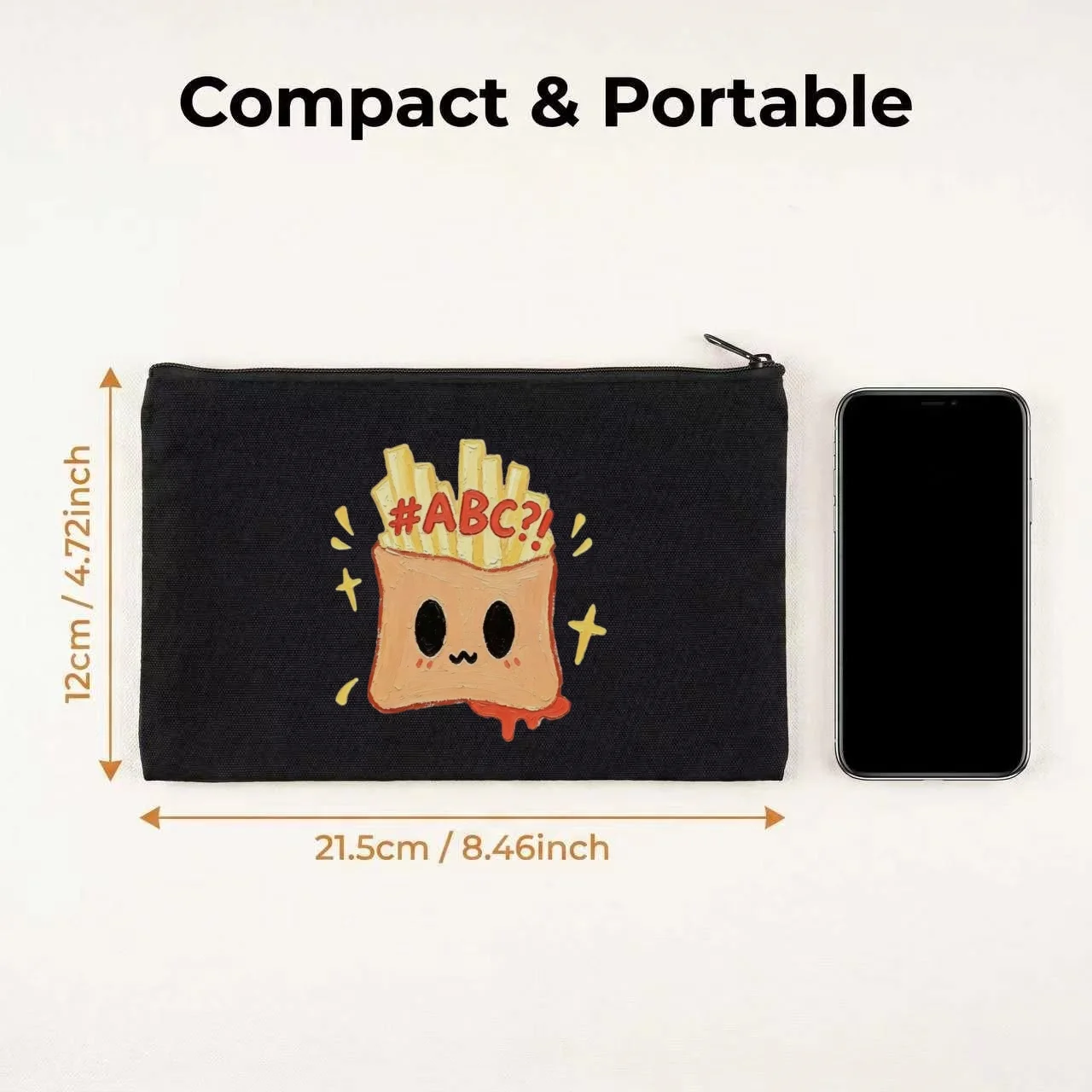 1PC Kawaii Oil Painting French Fries Face Funny Text Print Makeup Bag Double Sided Canvas Daily Storage Organizer