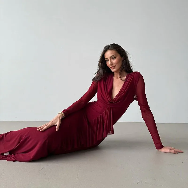 Outono novas mulheres maxi vestidos dupla moda camada malha streetwear mangas compridas vestido sólido sexy com decote em v vestidos femininos elegantes