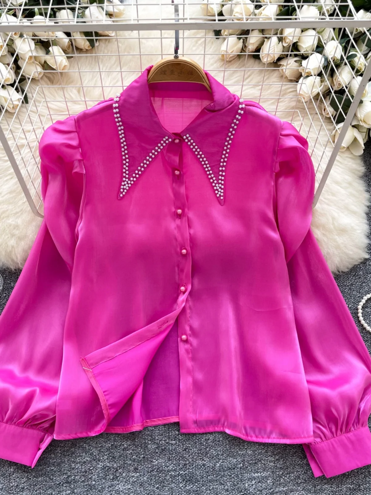 

Faionable Long Sve Satin irt Women's Autumn Wear Versatile arp Collar Single Button Pearl Decorated Korean Sle Loo...