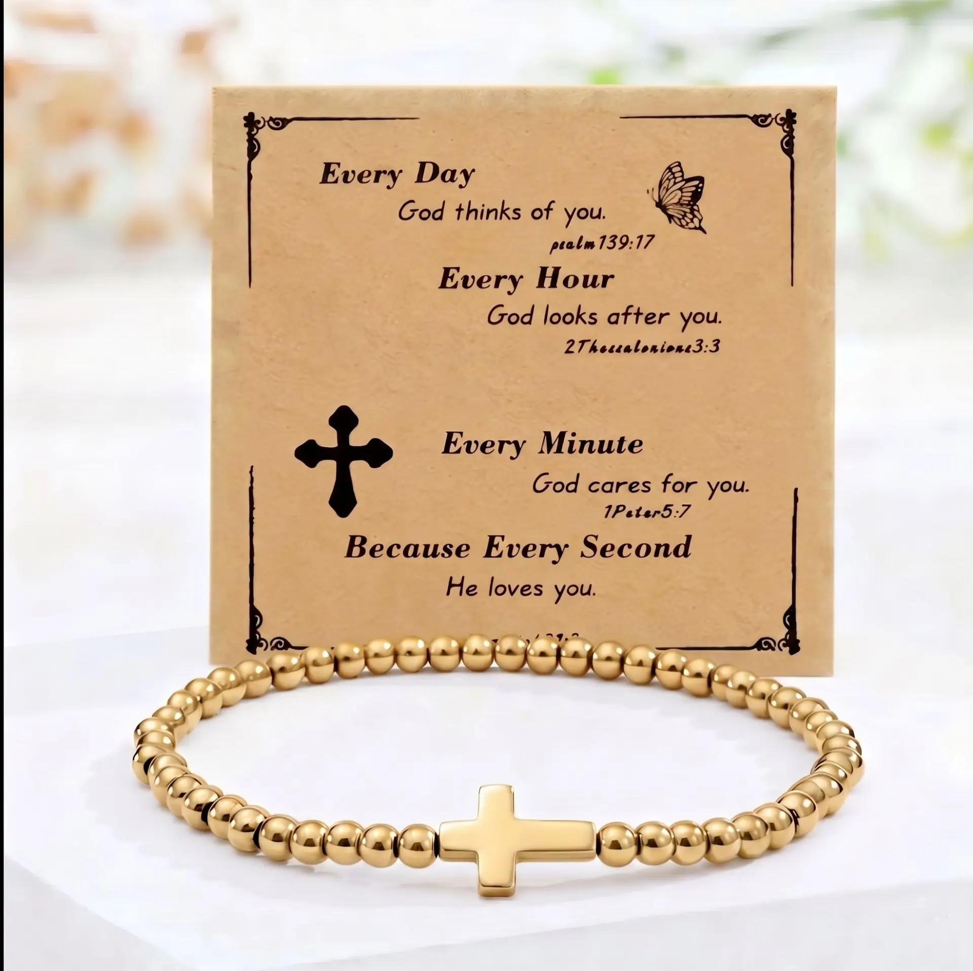 

Gold Cross Beaded Stretch Bracelet For Women With Inspirational Bible Verse Card Christian Faith Jewelry Gift