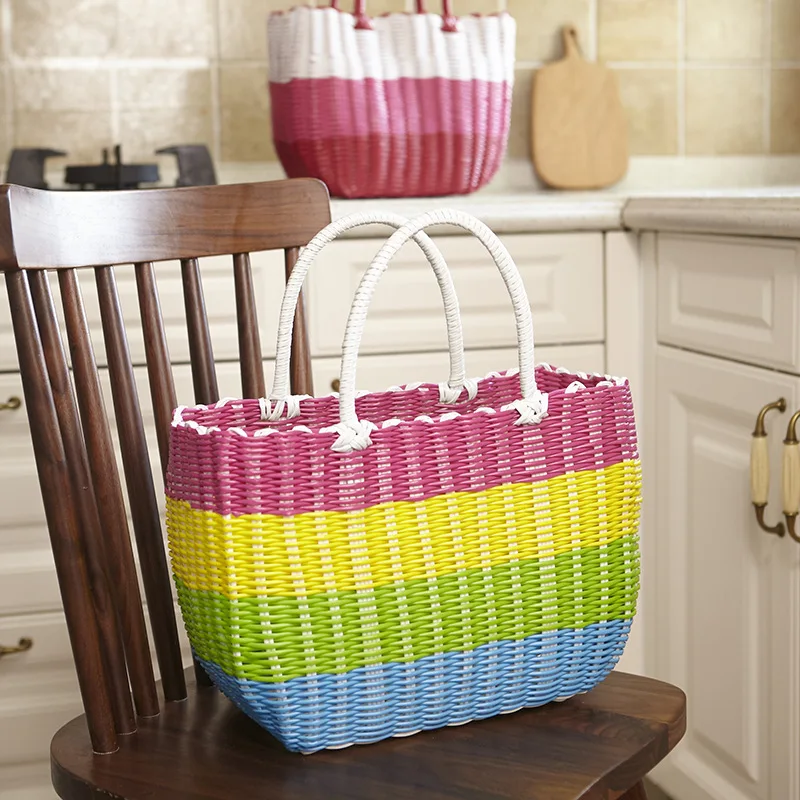 Faux Rattan Storage Handy Basket Color Tube Brown Outdoor Outing Picnic Basket Plastic Woven Storage Blue