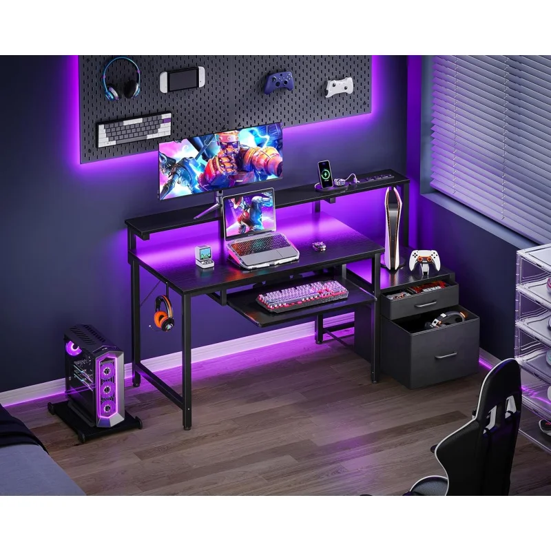 48-Inch Gaming Desk with Power Outlets & LED Light, Reversible PC Desk with Fabric Drawer and File Cabinet, Computer Desk with K