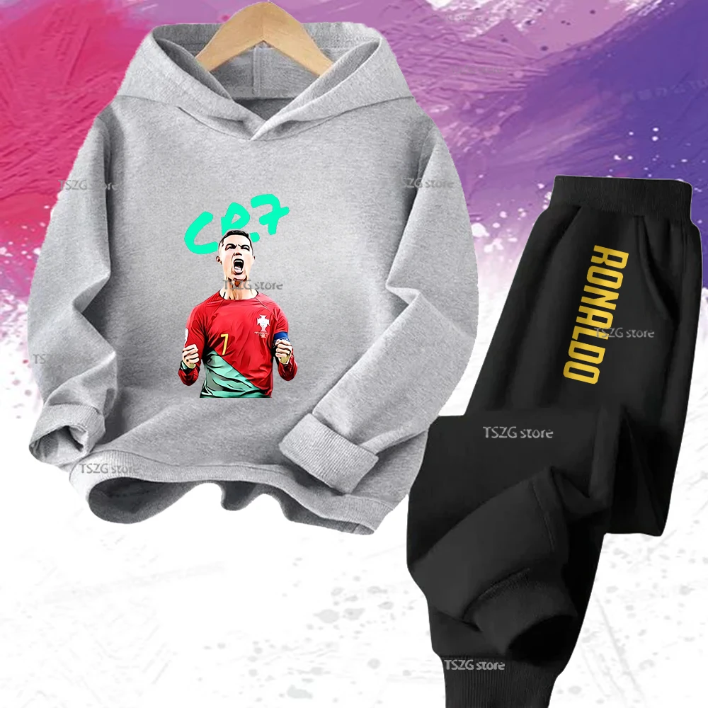الشتاء الخريف كرة القدم CR7 رونالدو الأطفال هوديي + السراويل دعوى 2 قطعة مجموعة صبي فتاة رياضية البلوز مجموعة طفل رياضية 3-12Y #5