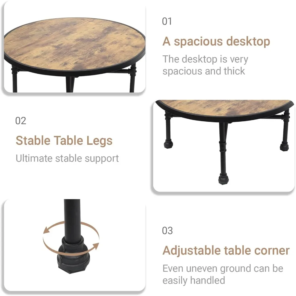 Round Coffee Table, Circle Wood Pottery Barn Coffee Table with Heavy Duty Metal Pipes Legs, Accent Cocktail Table Cen