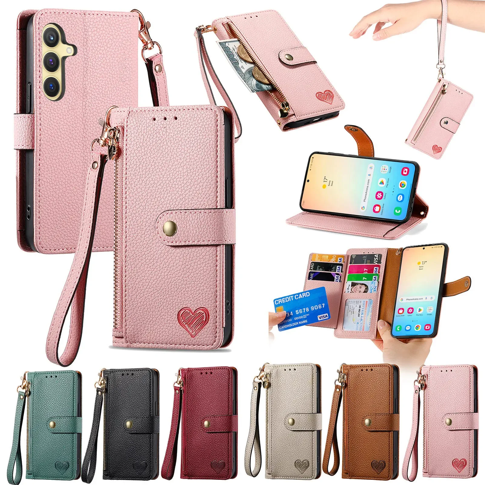 

Кожаный чехол Love Heart Cards Solt Flip Wallet Book для Samsung Galaxy S24 Ultra S23 FE S22 Plus S21 A05S A15 A25 A35 A55 A14