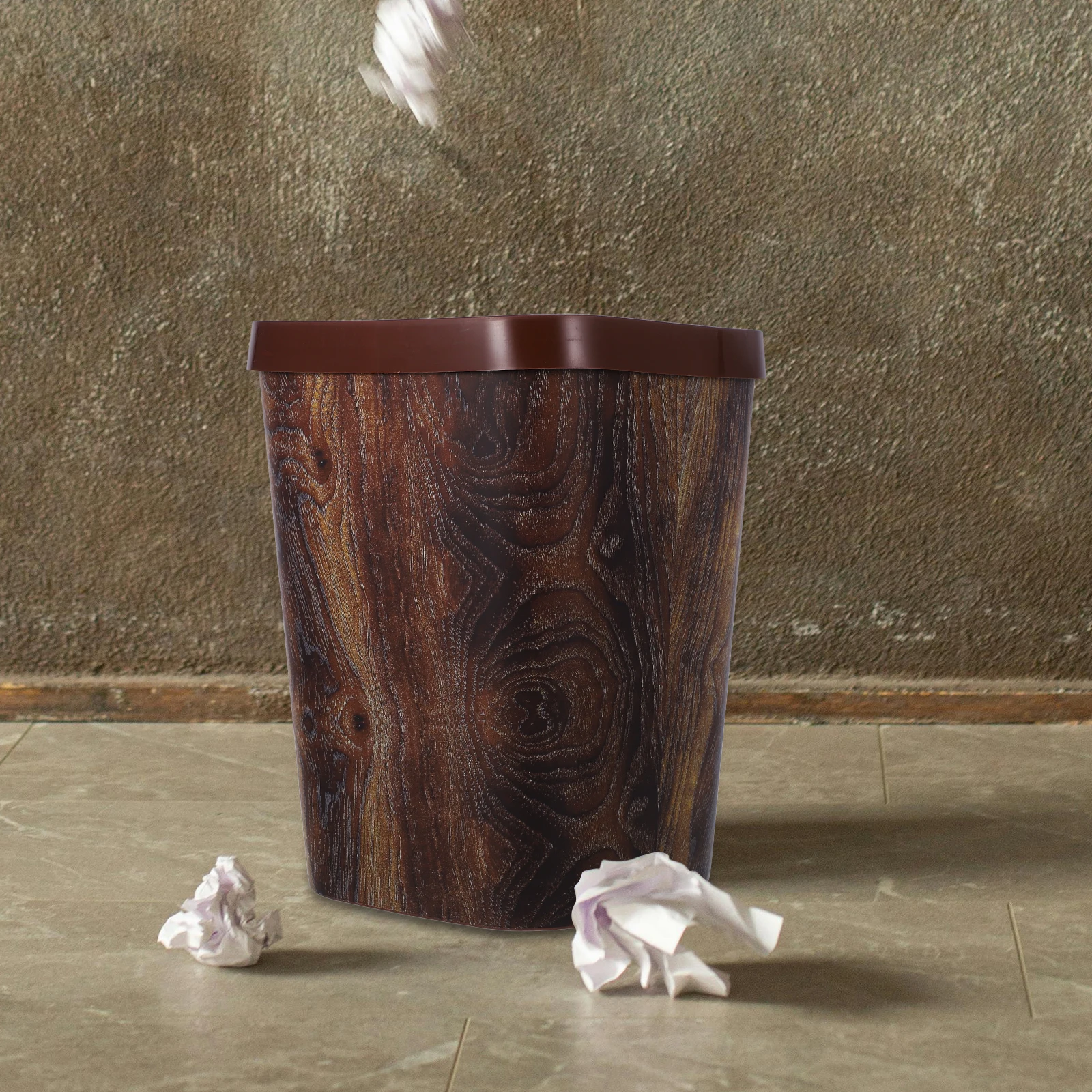 

Wood Grain Trash Can Vintage Kitchen Bin Bathroom Waste Bucket Smooth Surface Easy Clean Household Supply Garbage Can