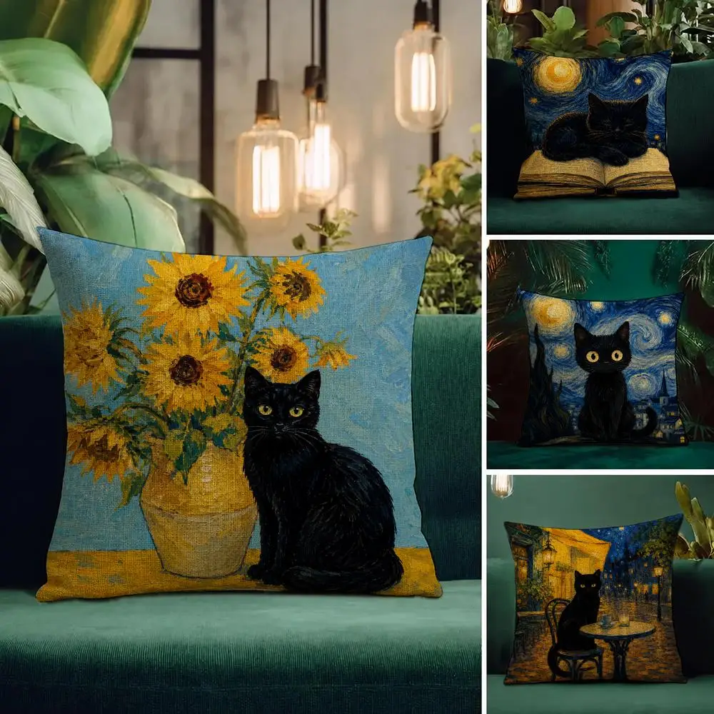Art Funny Art Black Cat Cushion Cover Natural Linen Pillowcase Set Cushion Cover for Sofa Bedroom Chair