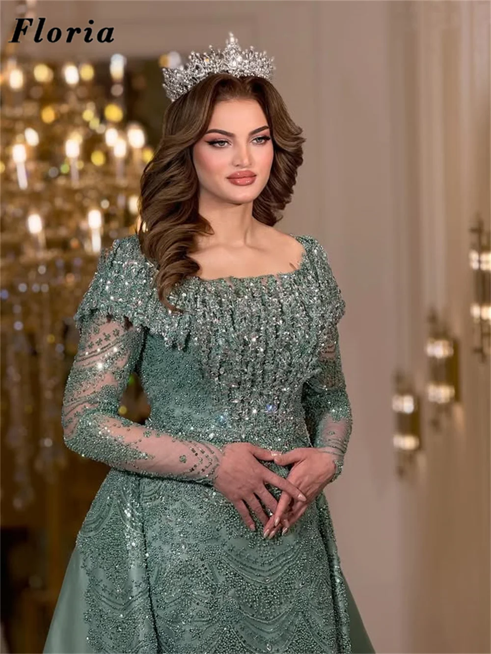 

Arabic Green Evening Dresses With Detachable Skirt Elegant Long Sleeves Wedding Party Gowns Customized Beaded Prom Dress Robes