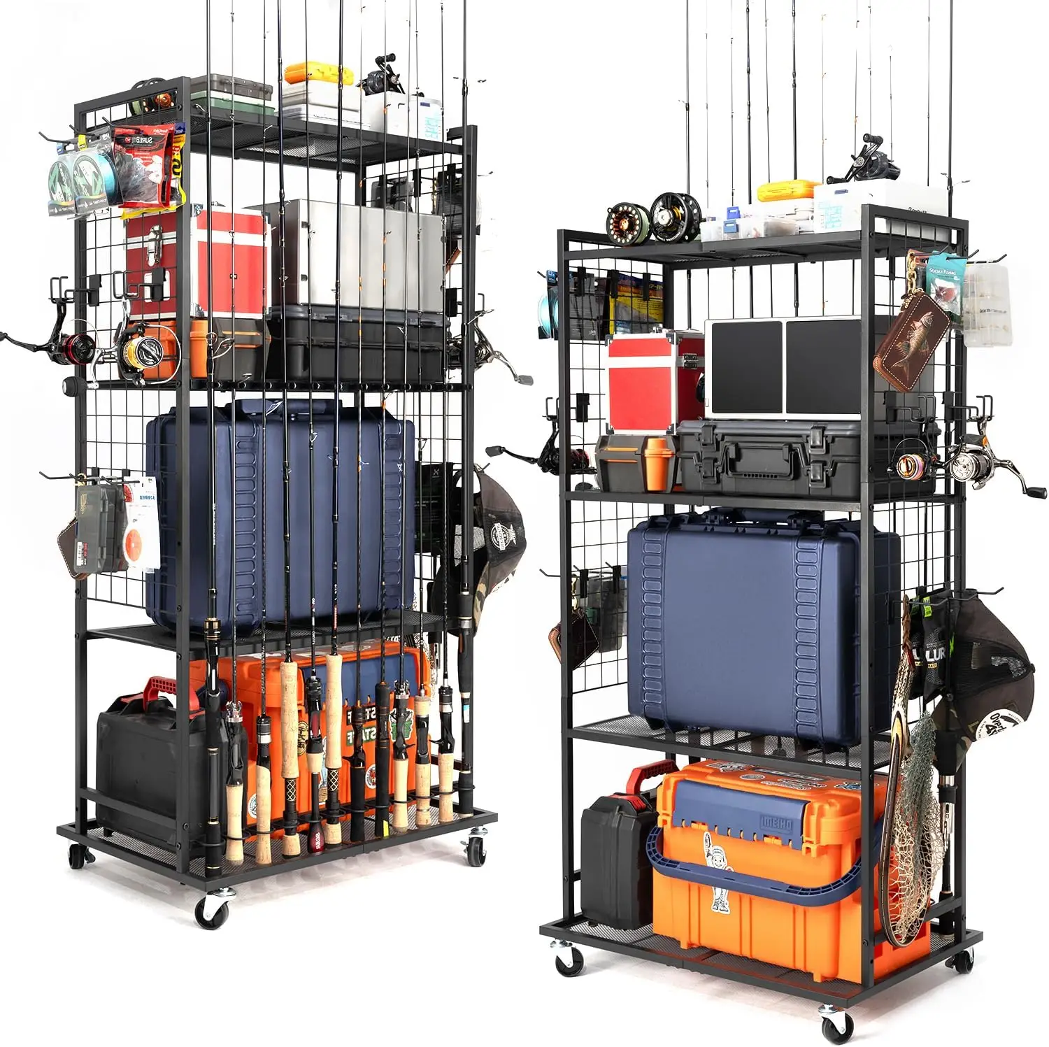 

4-уровневая регулируемая подставка для удочек с колесами, вмещает до 12 удилищ и коробок для снастей