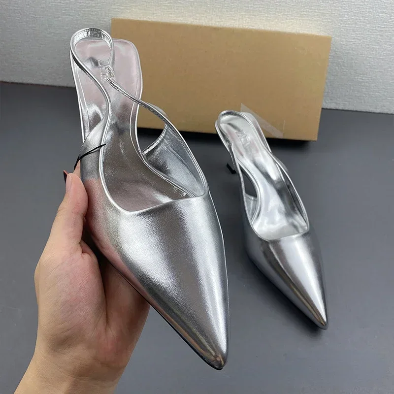 

Sexy High Heels Party Women's Pumps 2025 Autumn Pointed Toe Comfortable Shallow Silver Slingbacks Luxury Designer Ladies shoes