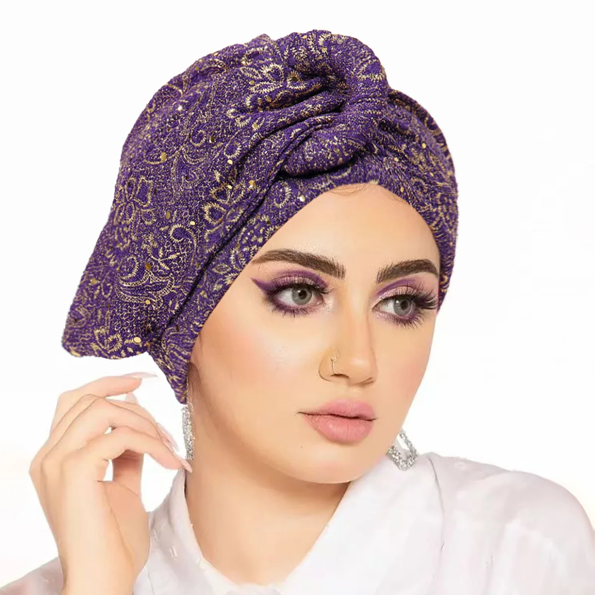 Neue Knoten Pailletten Plissee Hijab Kappe Muslimische Frauen Chemo Turban Stretchy Headwrap Schal für Haarausfall Mode Indische Femme Motorhaube – Detail 8