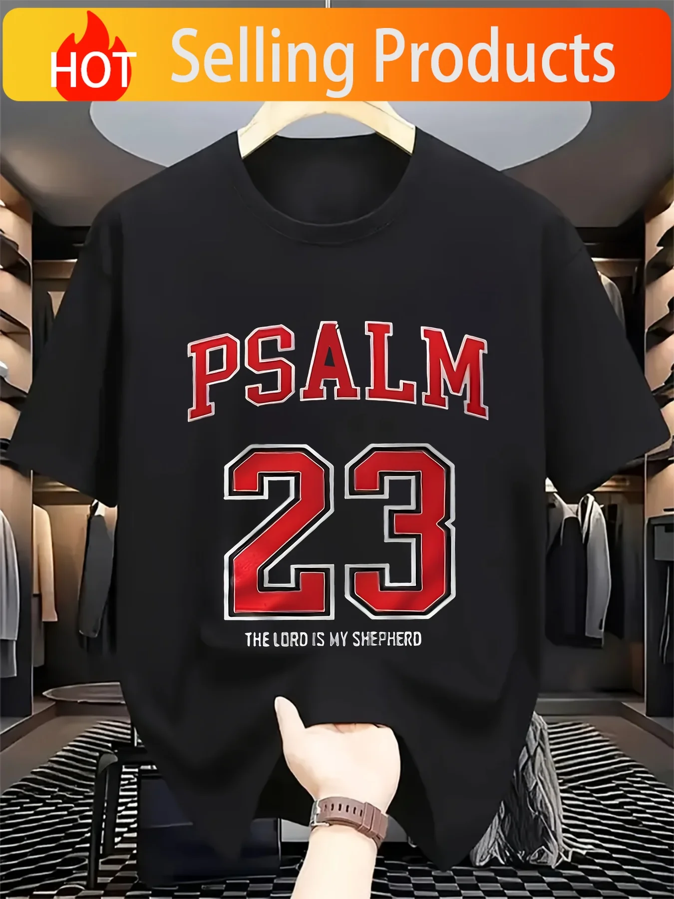 PSALM 23 THE LORD IS MY SHEPHERO, Classic Retro Style, Round Neck Short Sleeves, Machine Washable, Ideal for Casual SportWear, C