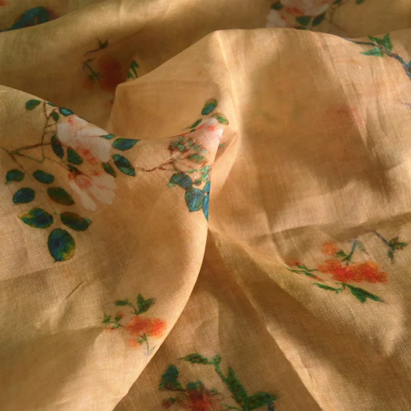 Puur linnen doek Lente en zomer Ramee-stof Plantvezeljurk Cheongsam-kleding Vogelafdrukken