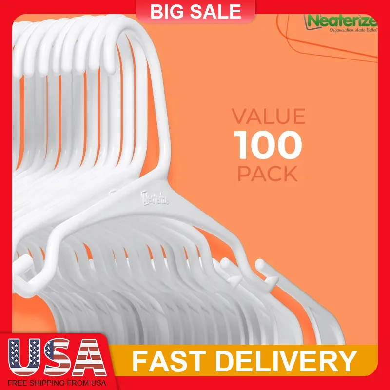 

100Pack White Plastic Clothes Hangers for Suits Dresses Sleeveless Garments Space Saving Closet Organizers Wardrobe Essentials