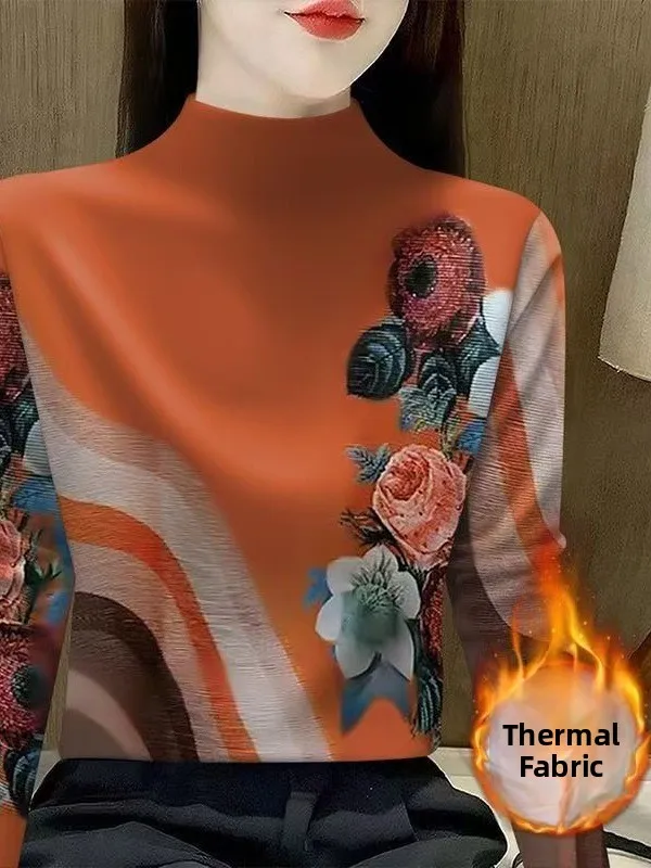 

Warm Thermal Long Sleeve Printed Half High Collar Mommy Middle Aged And Elderly Women's Fashionable Top Polyester Fiber T-Shirt