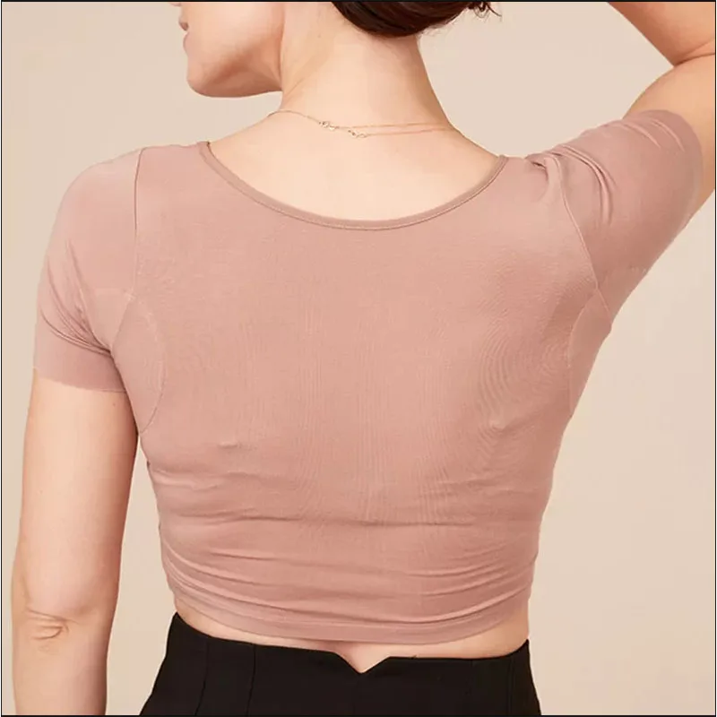 Washable Women Short Crop Guard Undershirt Underarm Round Neck Sweat Absorbent Underwear with Containing Sweat Pad