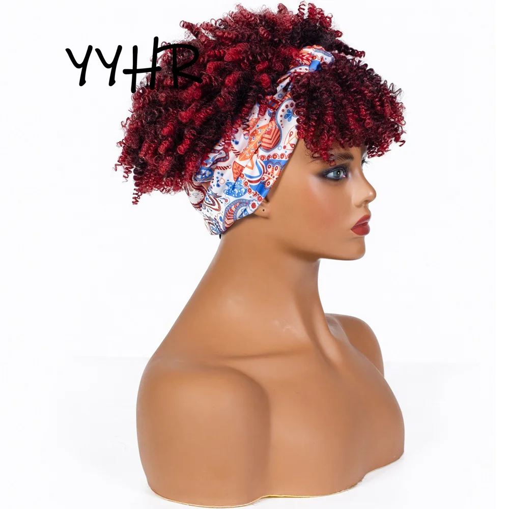 Headband Synthetic Wig Short African Women's Wine Red Curly Bangs Daily Or Travel Hairband Wig