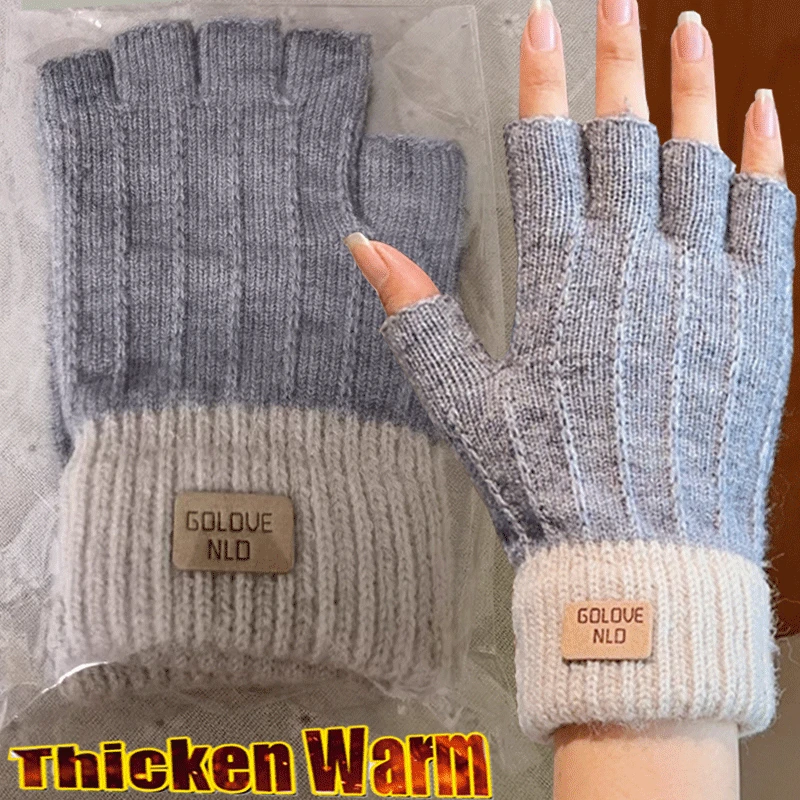 Winter Fingerless Gloves for Men Half Finger Writting Office Knitted Thick Wool Warm Label Thick Elastic Outdoor Driving Gloves