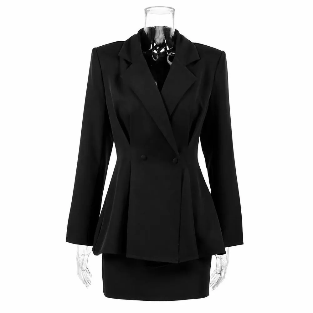 Solid Black Blazer And Skirt Set Notched Lapel Waist Pleat Women Two Piece Suit Long Sleeve Slim Fit Bodycon Mini Skirt Set