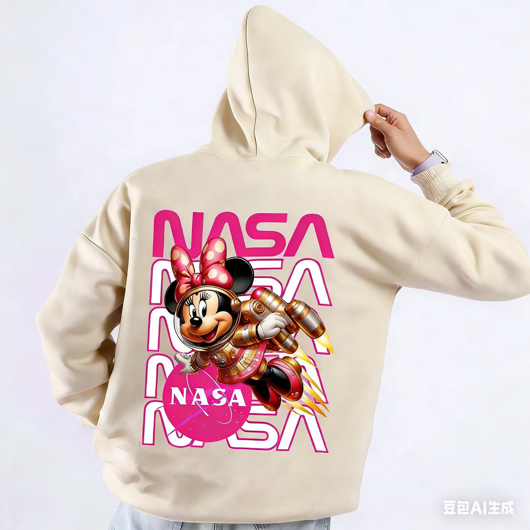 Sweat à capuche unisexe en coton polaire Disney Mickey Mouse, couleur noire, astronaute avec nœud papillon rose, imprimé au dos, volant avec fusée de feu