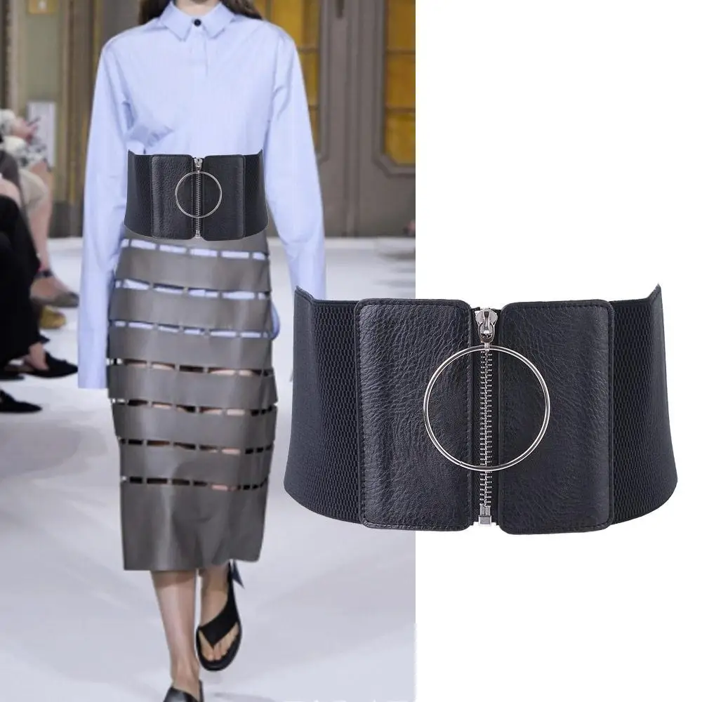 

Metal Circle Ring Waist Strap Skirt Decorations Slimming Body Zipper Elastic Belt Cummerbunds Female Waistband Wide Waist Belt