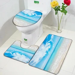 Ocean Beach Bath Mat Set Blue Sky White Clouds Sea Waves Hawaiian Scenery Bathroom Decor Floor Mat Non-Slip Rug Toilet Lid Cover