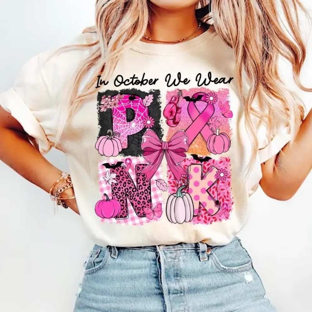 

In October We Wear Pink Tshirt Halloween Breast Cancer Shirt Pumpkin Pink Ribbon Printed Tee Women Casual Summer Cotton Tops