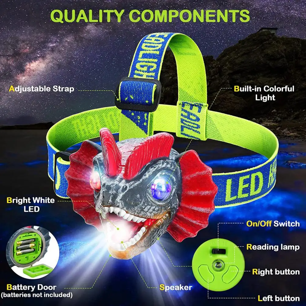 Kids Headlamp Simulation Roaring Sound Adjustable Strap Portable Boys Girls Cartoon Dinosaur LED Headlamp Camping Accessories