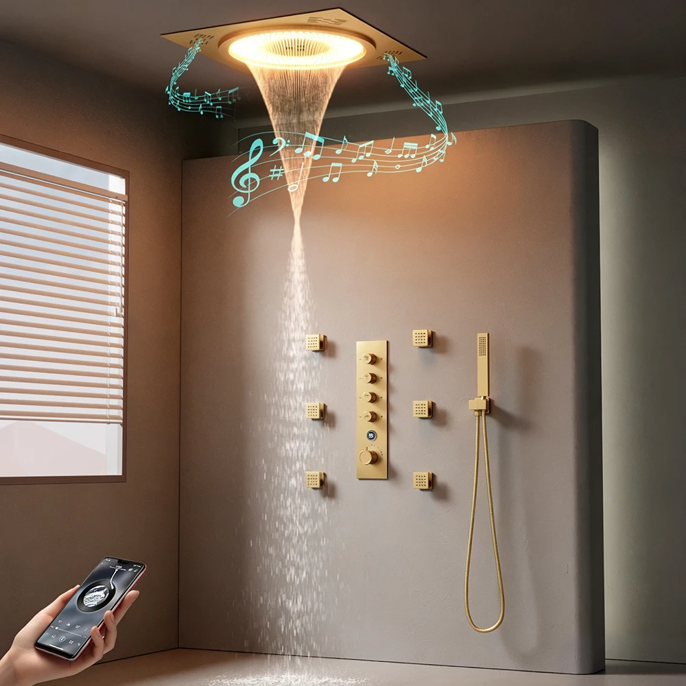 50x50cm LED Shower Head with Music 4-Function Thermostatic Shower System Brushed Gold Luxury Bathroom Rain Shower Set