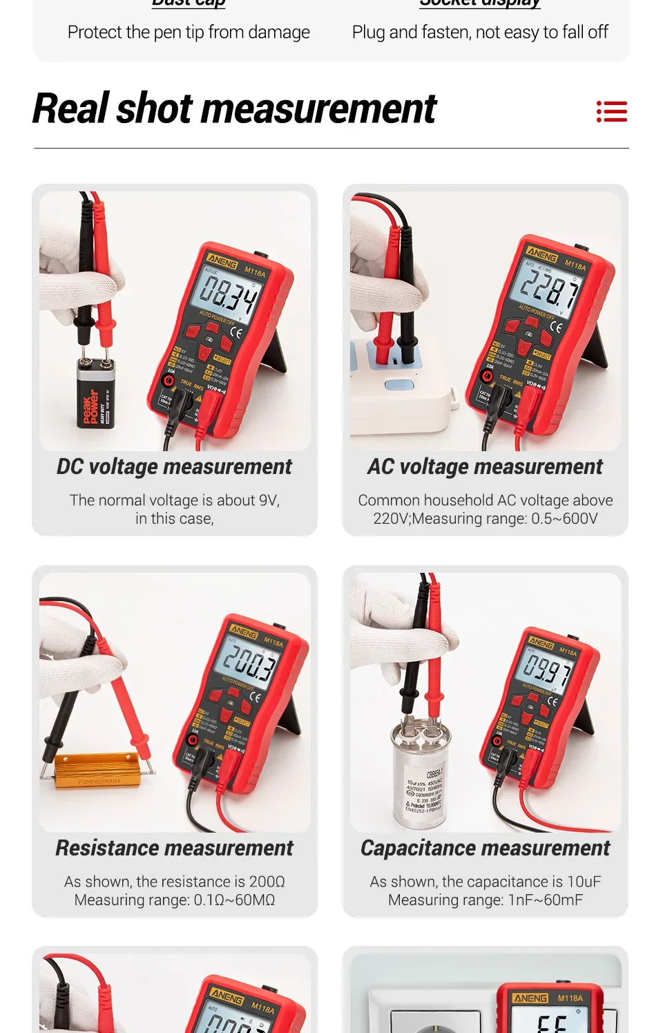 Digitales Multimeter, Spannungsprüfer, Voltmeter, SZ06, SZ308, TRMS, 2000, Zählungen, automatische Bereichswahl, Ohm, Volt, Amperemeter, Messung von AC/DC-Spannung – Detail 34