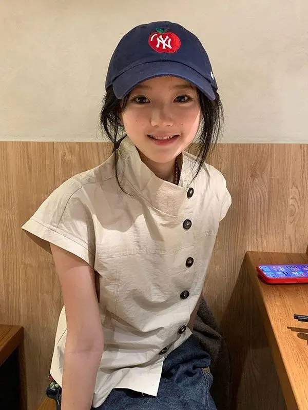 

Casual Stand Collar Shirt Women's Commute Versatile Summer Korean Style Color Block Button Slimming Shirt Correct Shoulder De...